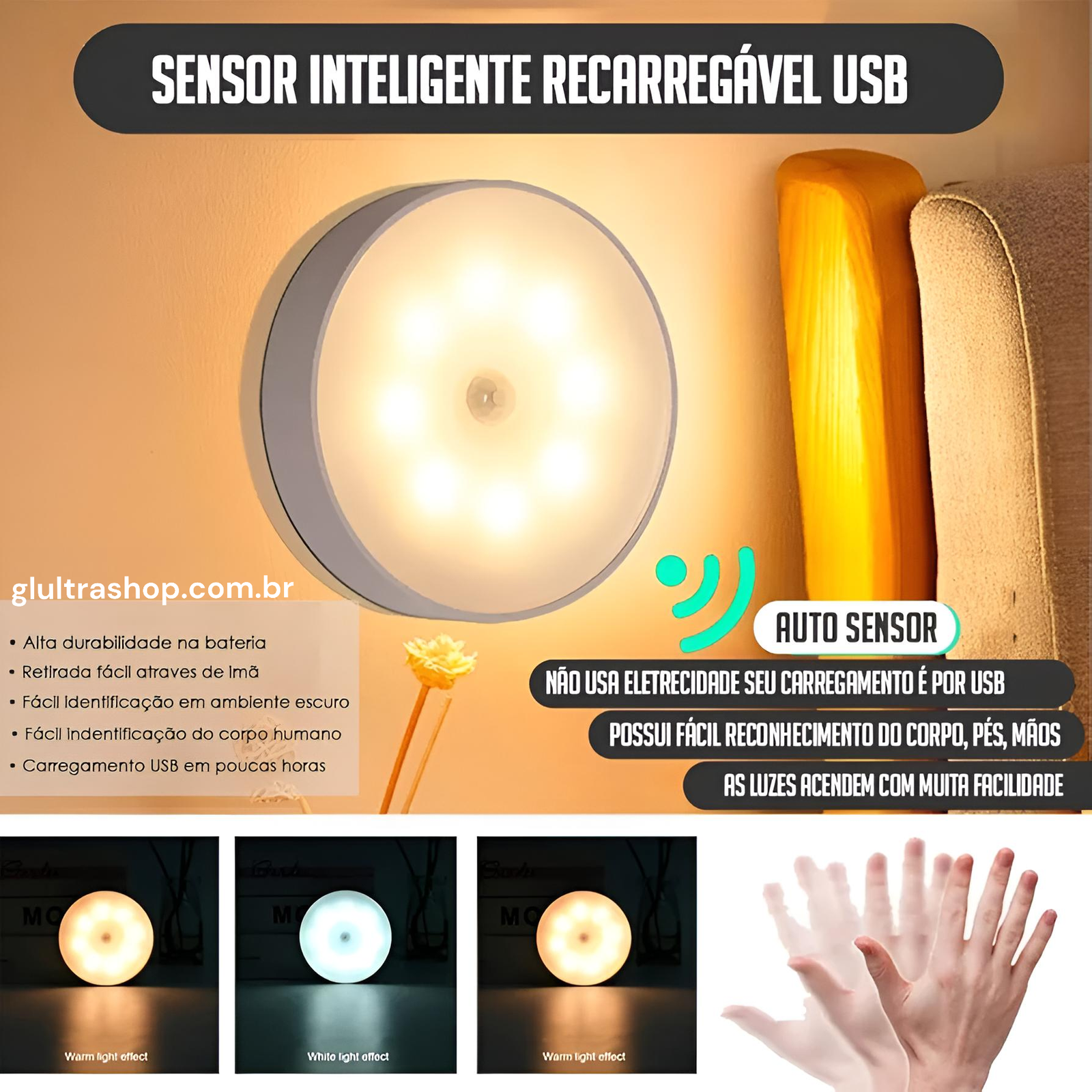 Lâmpada Com Sensor de Presença Ultra Essencial | Recarregável Usb - Imagem 5