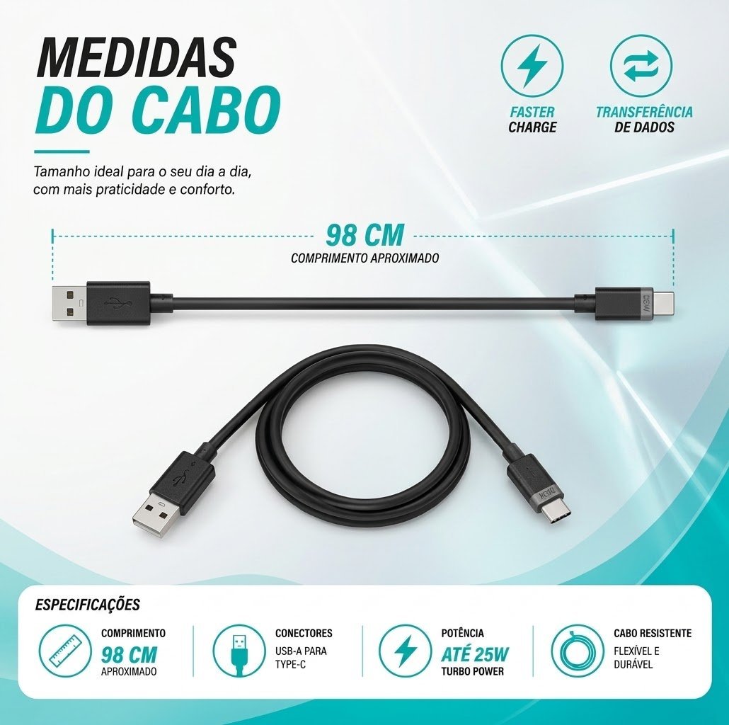 Cabo USB-C Turbo 25W com Carregamento Rápido – 98cm - Imagem 3